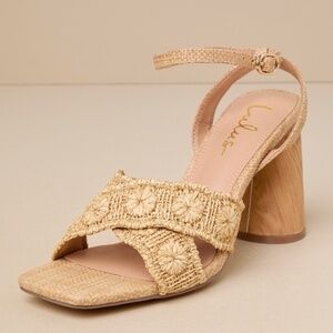 Lulus Chaya Natural Raffia Ankle Strap High Heel Sandals Beige - Size 8